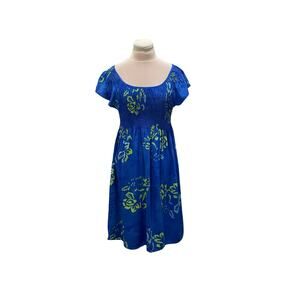 GO FISH Blue Green Tie Dye Batik Hawaiian Smocked Flutter Sleeve Dress SMALL